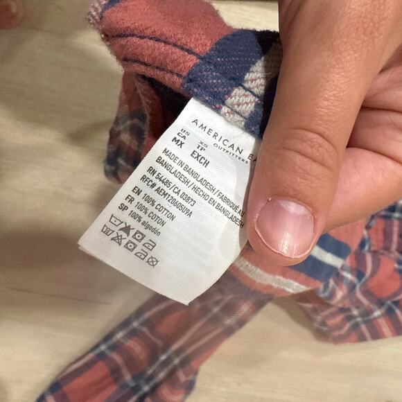 American Eagle Pink Orange Blue Plaid Cotton Button Up Flannel Shirt Size XS - Picture 6 of 6